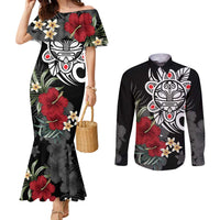 Taino Sun Tribal Couples Matching Mermaid Dress and Long Sleeve Button Shirt Tropical Hibiscus