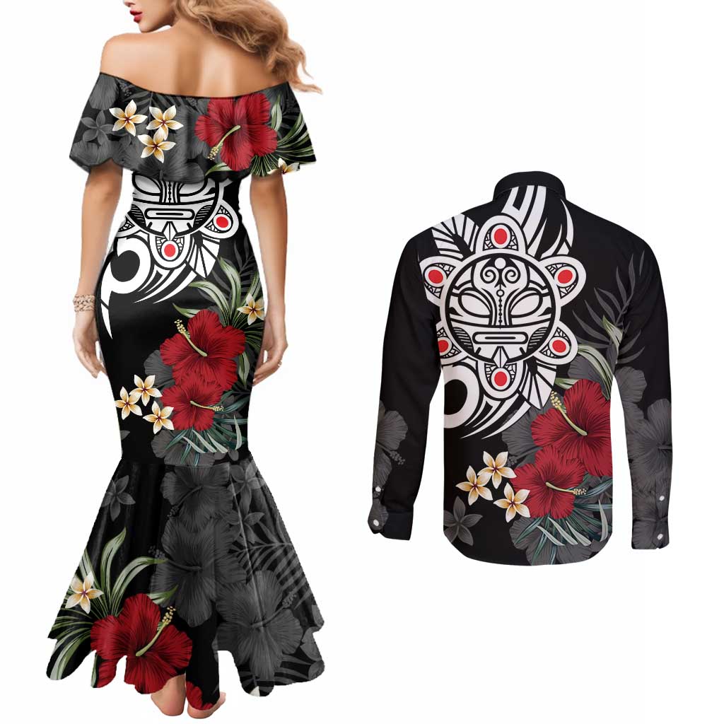 Taino Sun Tribal Couples Matching Mermaid Dress and Long Sleeve Button Shirt Tropical Hibiscus