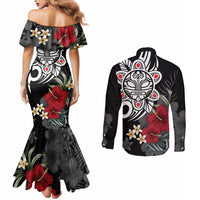 Taino Sun Tribal Couples Matching Mermaid Dress and Long Sleeve Button Shirt Tropical Hibiscus