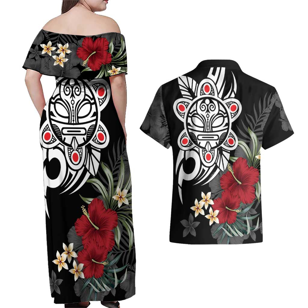 Taino Sun Tribal Couples Matching Off Shoulder Maxi Dress and Hawaiian Shirt Tropical Hibiscus - Wonder Print Shop