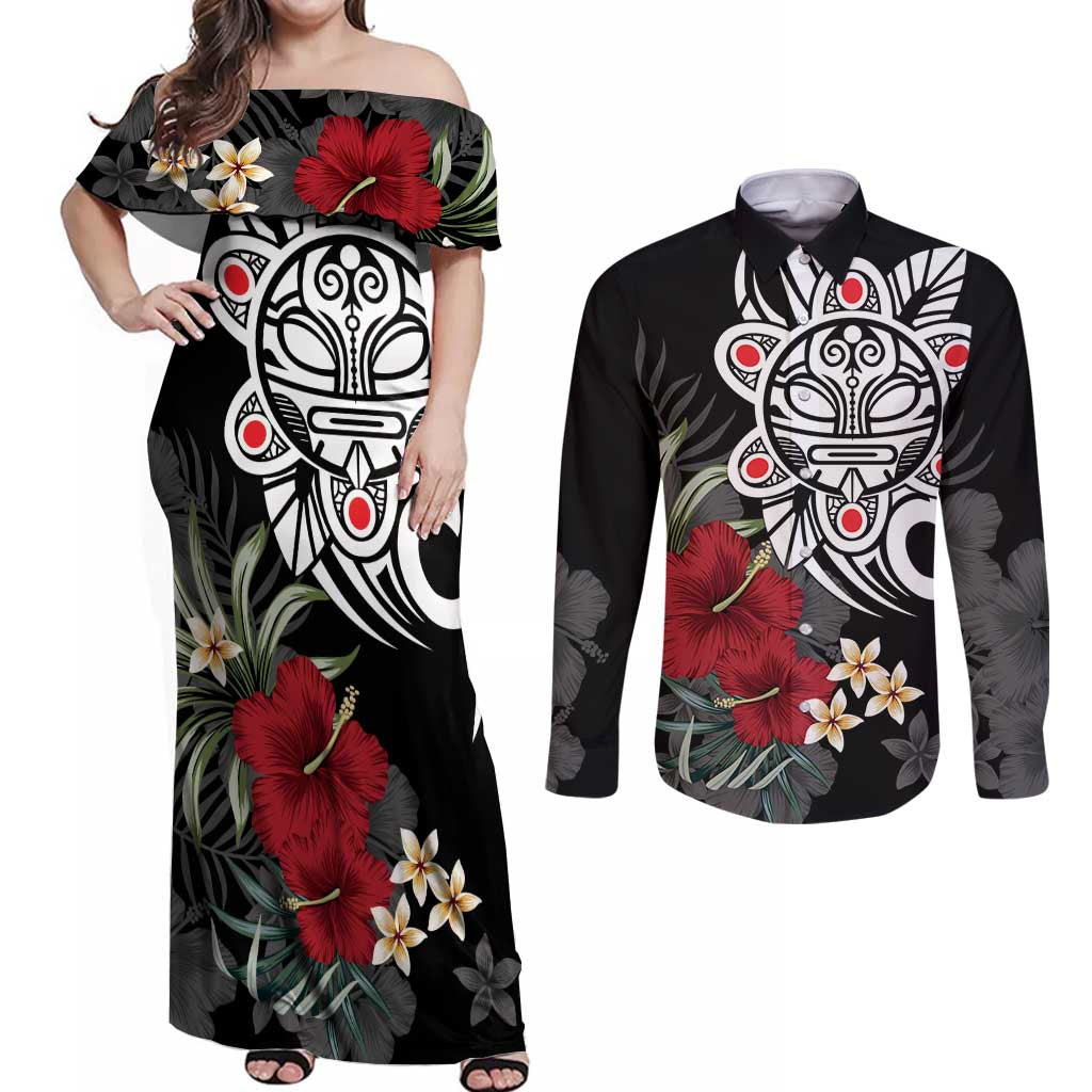 Taino Sun Tribal Couples Matching Off Shoulder Maxi Dress and Long Sleeve Button Shirt Tropical Hibiscus - Wonder Print Shop
