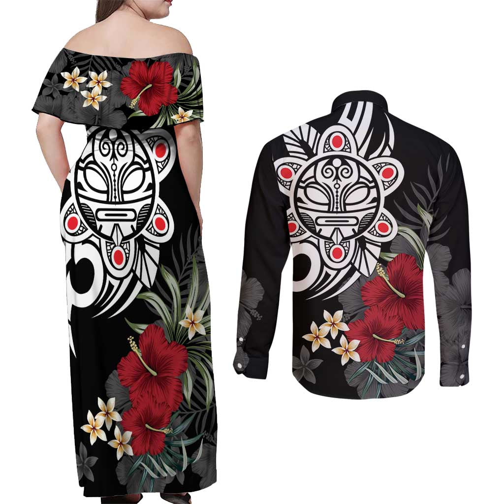Taino Sun Tribal Couples Matching Off Shoulder Maxi Dress and Long Sleeve Button Shirt Tropical Hibiscus - Wonder Print Shop