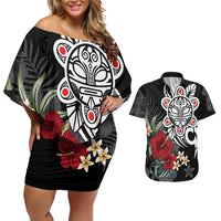 Taino Sun Tribal Couples Matching Off Shoulder Short Dress and Hawaiian Shirt Tropical Hibiscus - Wonder Print Shop
