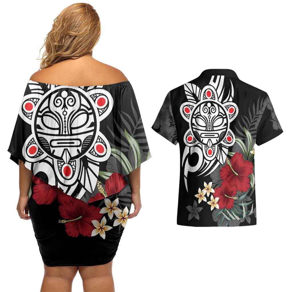 Taino Sun Tribal Couples Matching Off Shoulder Short Dress and Hawaiian Shirt Tropical Hibiscus - Wonder Print Shop