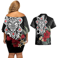 Taino Sun Tribal Couples Matching Off Shoulder Short Dress and Hawaiian Shirt Tropical Hibiscus - Wonder Print Shop