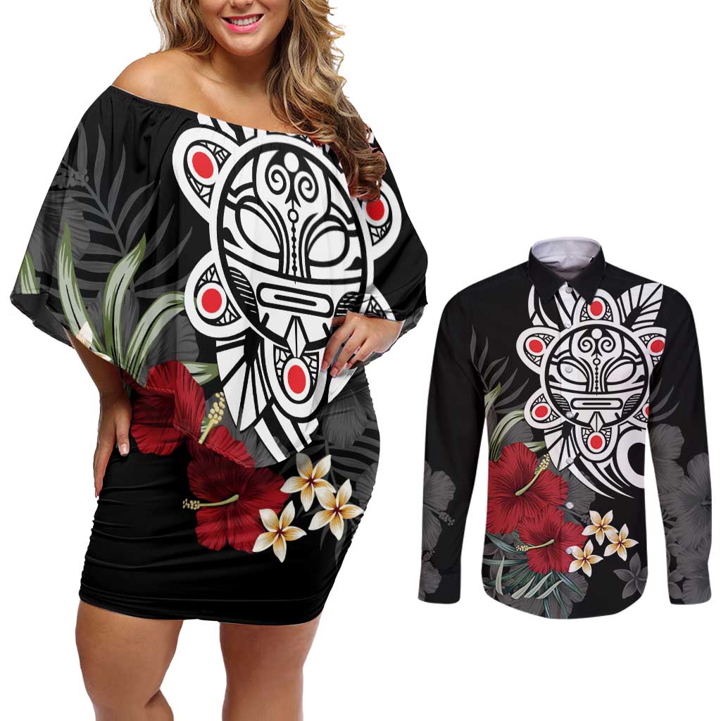 Taino Sun Tribal Couples Matching Off Shoulder Short Dress and Long Sleeve Button Shirt Tropical Hibiscus - Wonder Print Shop