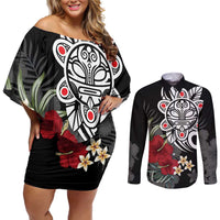 Taino Sun Tribal Couples Matching Off Shoulder Short Dress and Long Sleeve Button Shirt Tropical Hibiscus - Wonder Print Shop