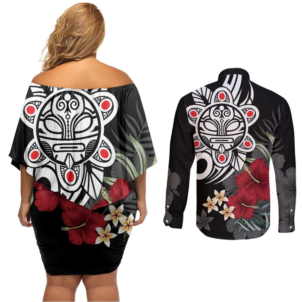 Taino Sun Tribal Couples Matching Off Shoulder Short Dress and Long Sleeve Button Shirt Tropical Hibiscus - Wonder Print Shop