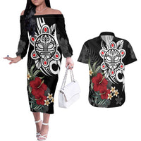 Taino Sun Tribal Couples Matching Off The Shoulder Long Sleeve Dress and Hawaiian Shirt Tropical Hibiscus - Wonder Print Shop