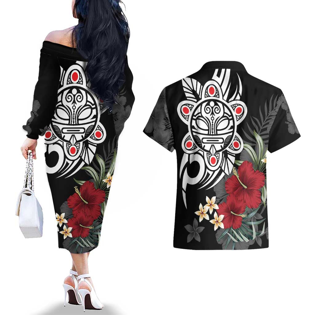 Taino Sun Tribal Couples Matching Off The Shoulder Long Sleeve Dress and Hawaiian Shirt Tropical Hibiscus - Wonder Print Shop