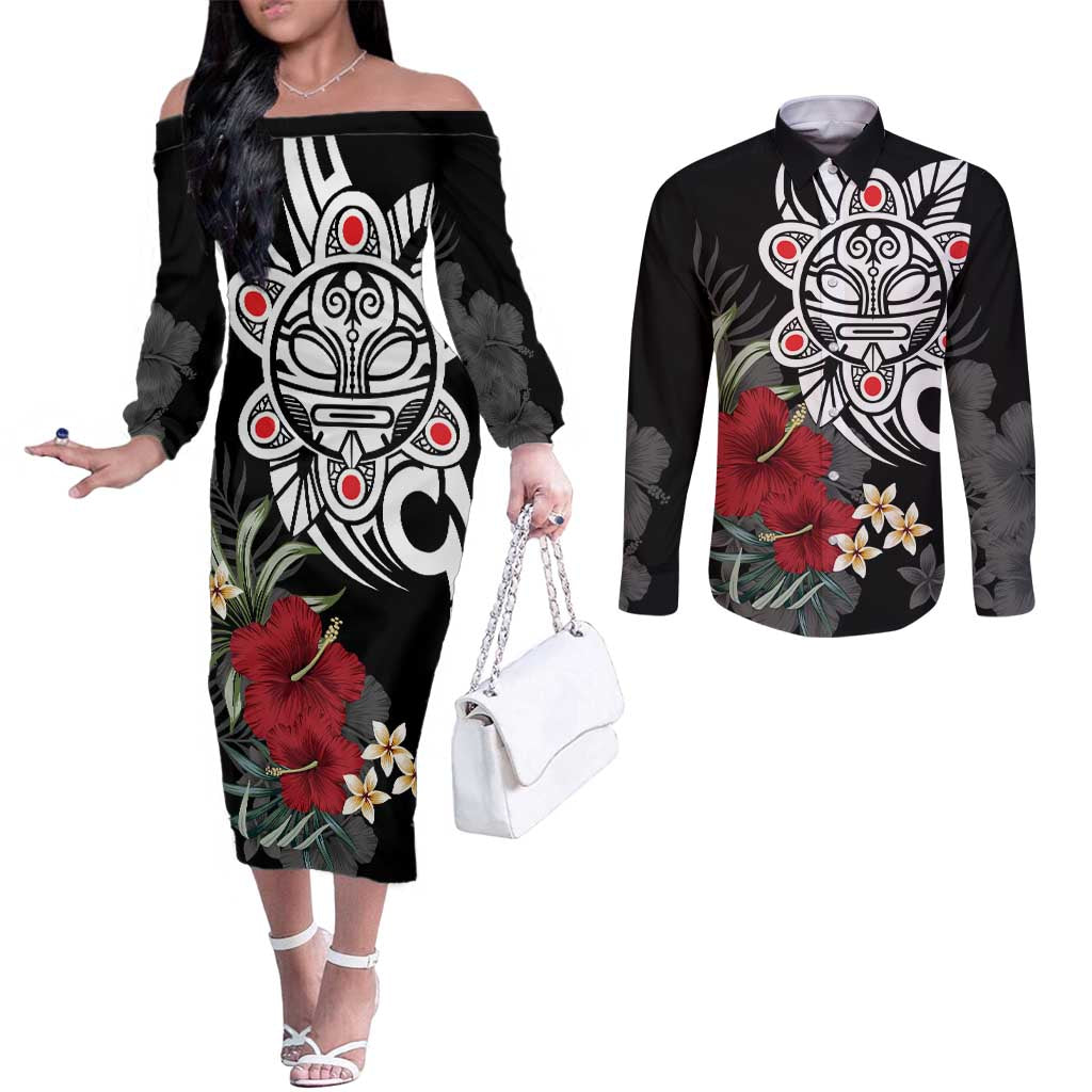 Taino Sun Tribal Couples Matching Off The Shoulder Long Sleeve Dress and Long Sleeve Button Shirt Tropical Hibiscus