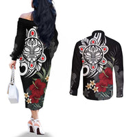 Taino Sun Tribal Couples Matching Off The Shoulder Long Sleeve Dress and Long Sleeve Button Shirt Tropical Hibiscus