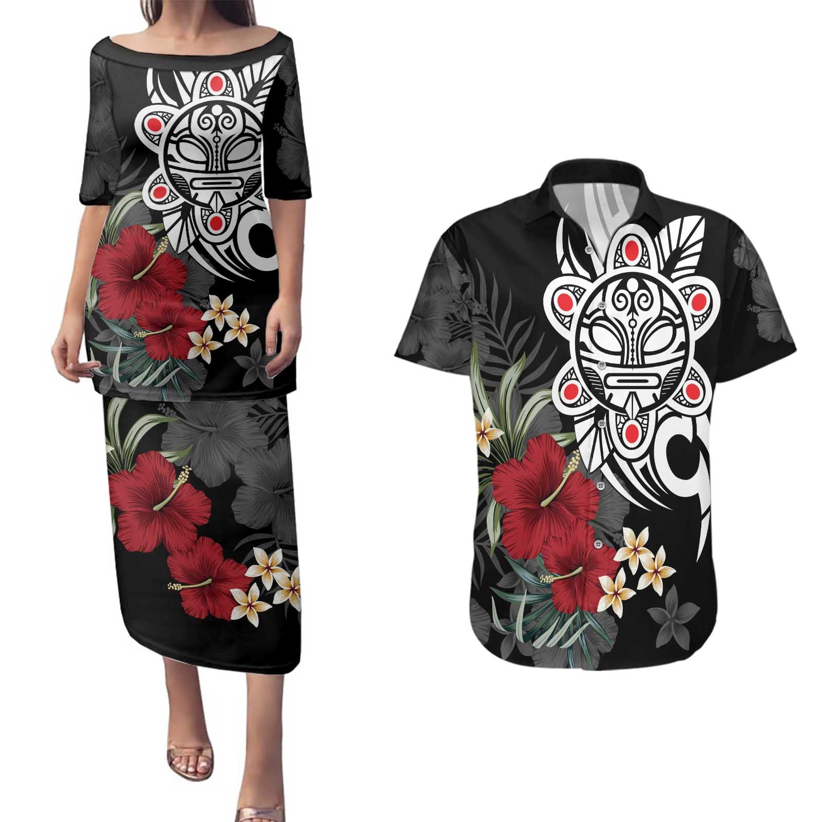 Taino Sun Tribal Couples Matching Puletasi and Hawaiian Shirt Tropical Hibiscus - Wonder Print Shop