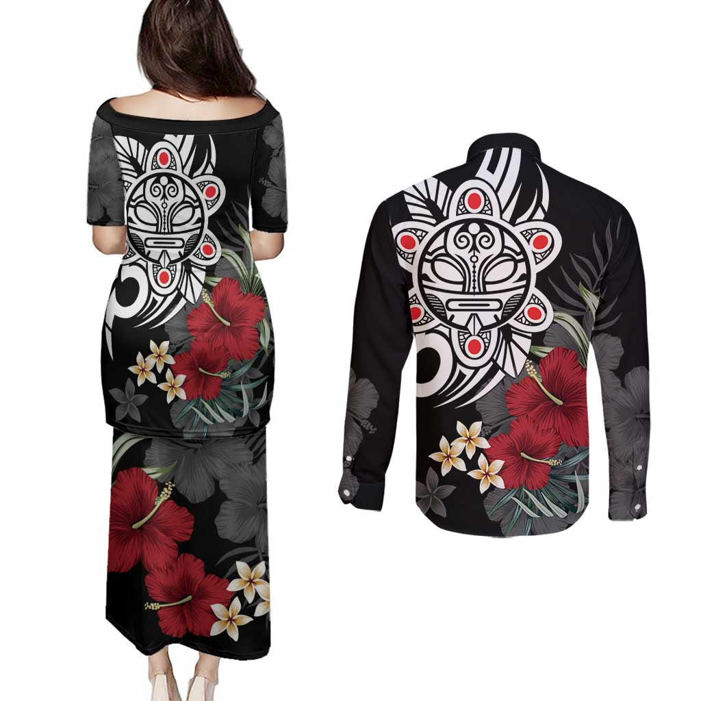Taino Sun Tribal Couples Matching Puletasi and Long Sleeve Button Shirt Tropical Hibiscus - Wonder Print Shop