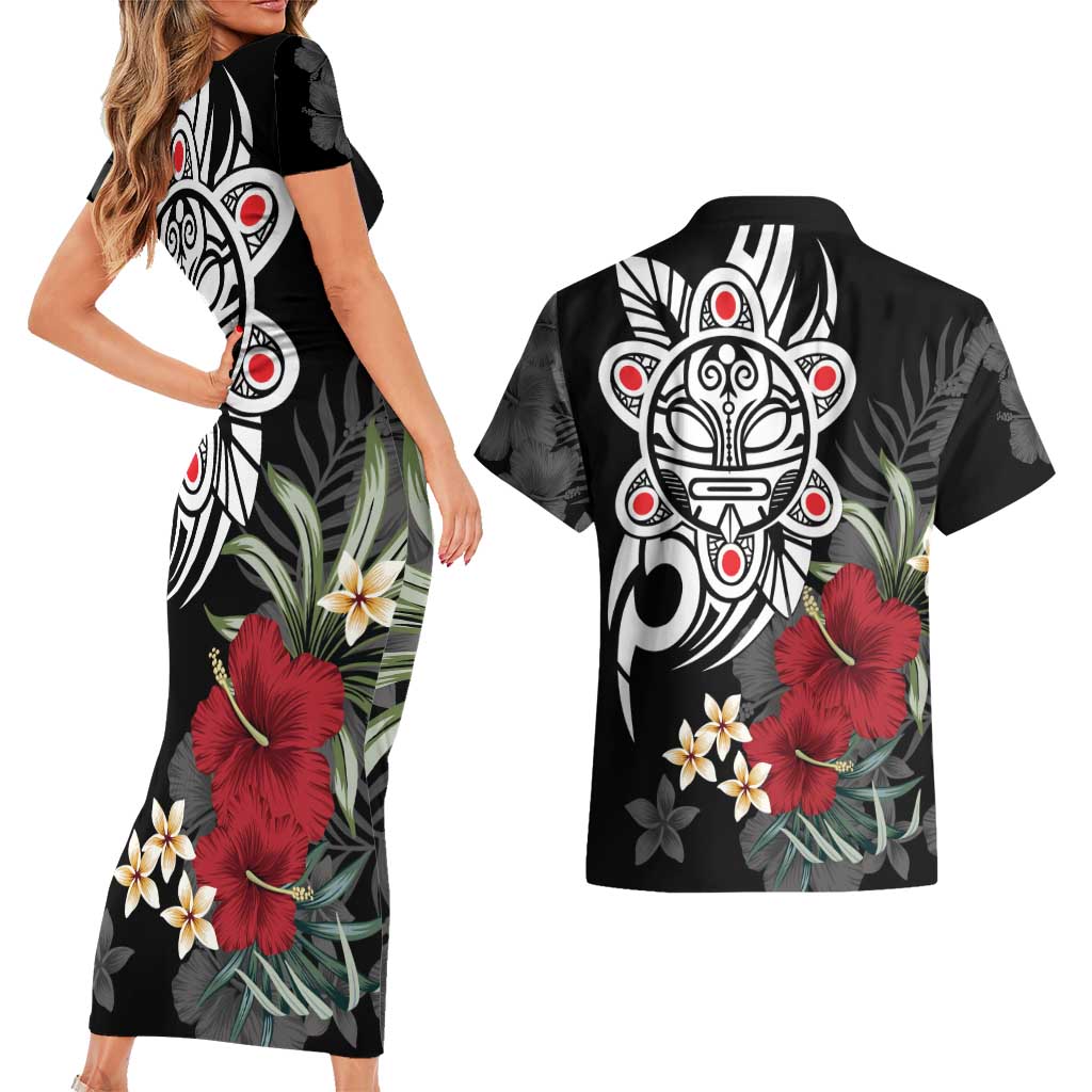 Taino Sun Tribal Couples Matching Short Sleeve Bodycon Dress and Hawaiian Shirt Tropical Hibiscus - Wonder Print Shop