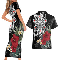 Taino Sun Tribal Couples Matching Short Sleeve Bodycon Dress and Hawaiian Shirt Tropical Hibiscus - Wonder Print Shop
