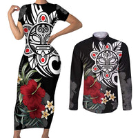 Taino Sun Tribal Couples Matching Short Sleeve Bodycon Dress and Long Sleeve Button Shirt Tropical Hibiscus - Wonder Print Shop