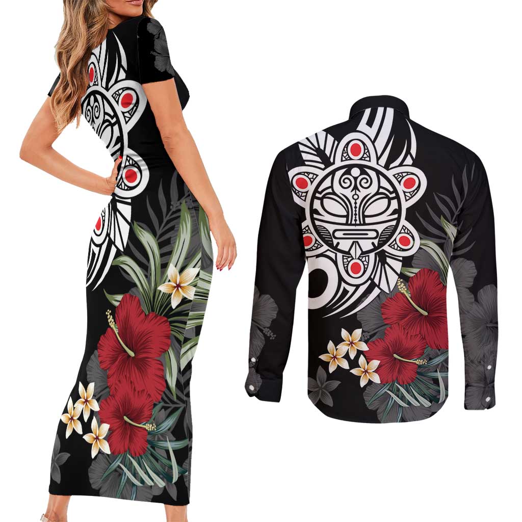Taino Sun Tribal Couples Matching Short Sleeve Bodycon Dress and Long Sleeve Button Shirt Tropical Hibiscus - Wonder Print Shop