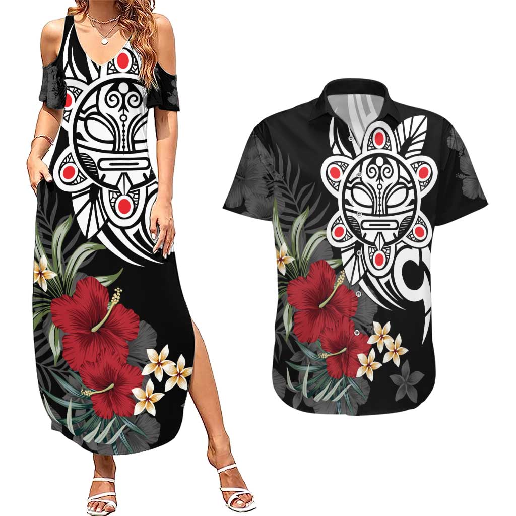 Taino Sun Tribal Couples Matching Summer Maxi Dress and Hawaiian Shirt Tropical Hibiscus - Wonder Print Shop