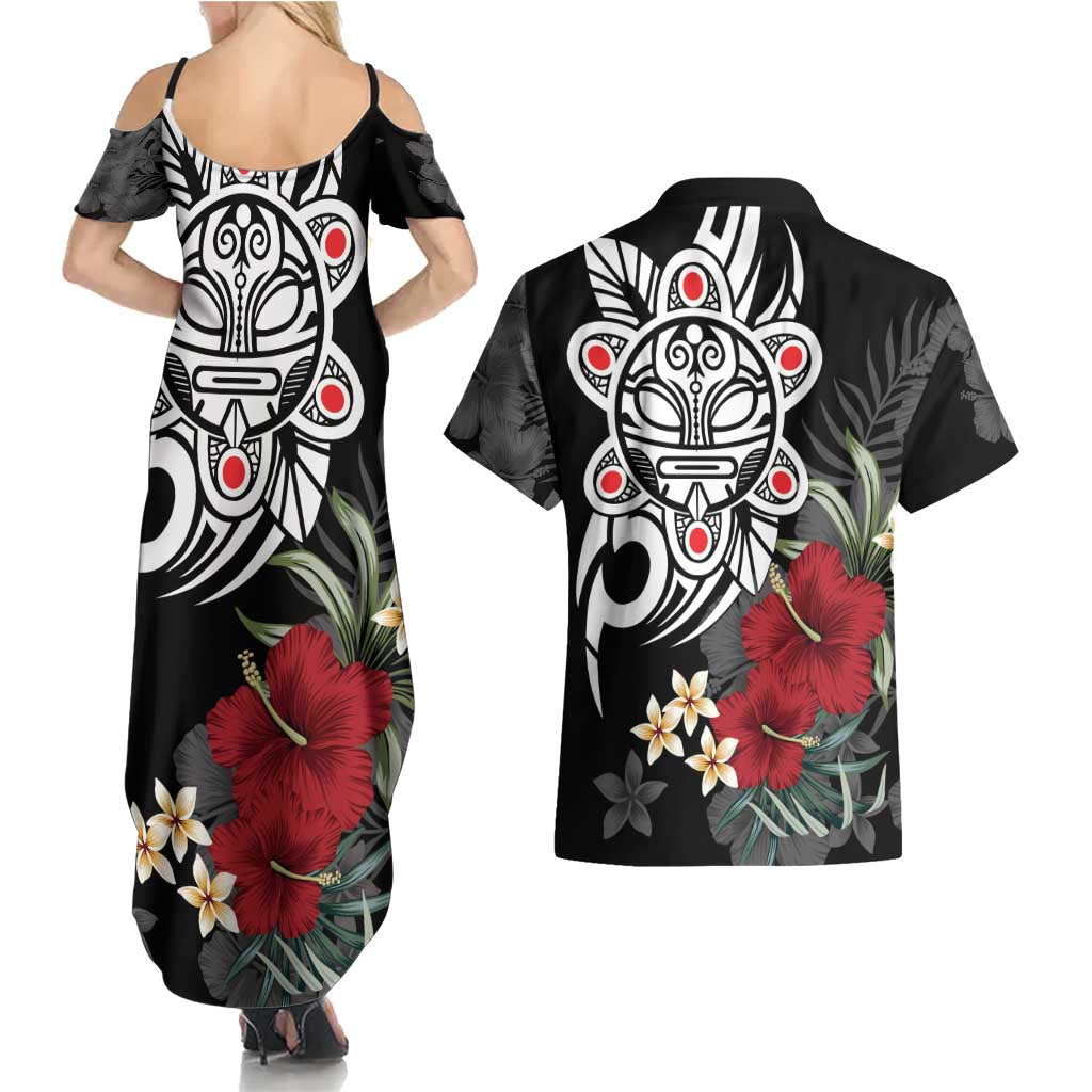 Taino Sun Tribal Couples Matching Summer Maxi Dress and Hawaiian Shirt Tropical Hibiscus - Wonder Print Shop