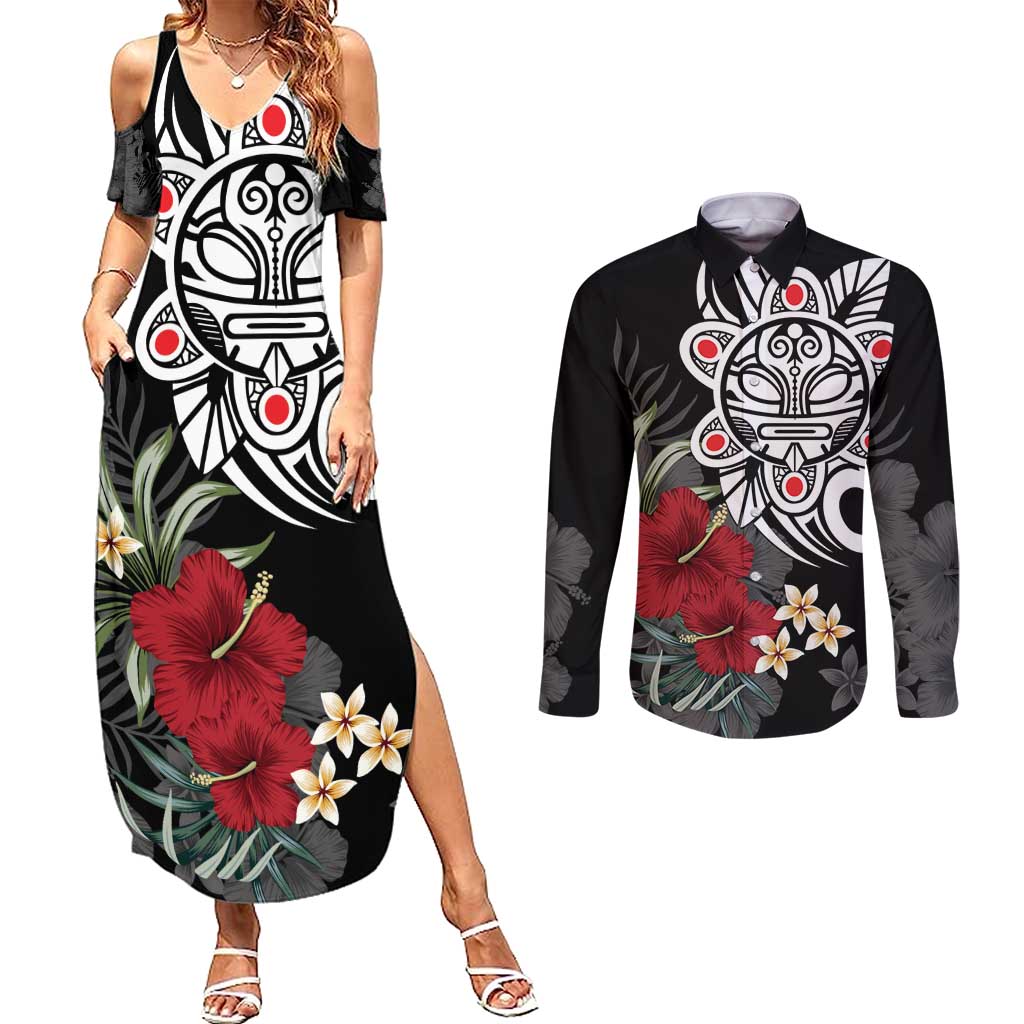 Taino Sun Tribal Couples Matching Summer Maxi Dress and Long Sleeve Button Shirt Tropical Hibiscus - Wonder Print Shop