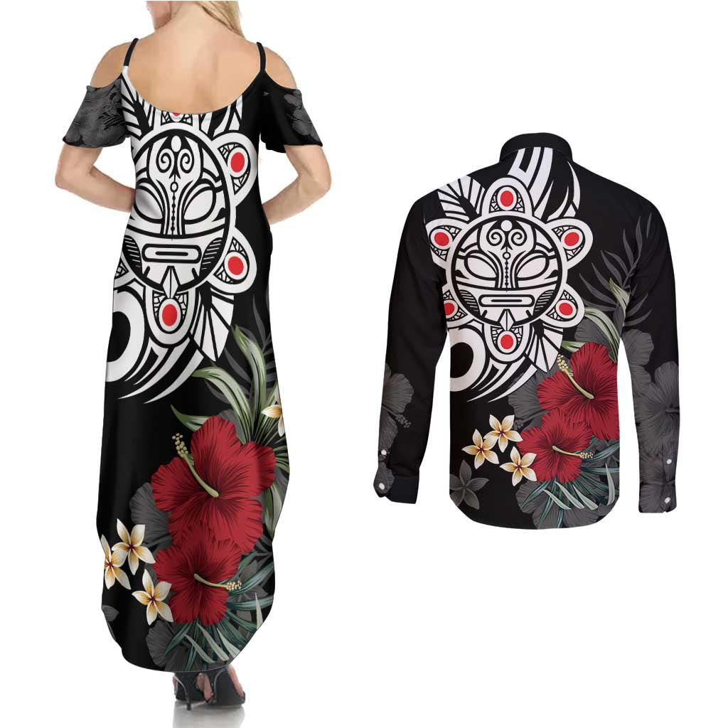 Taino Sun Tribal Couples Matching Summer Maxi Dress and Long Sleeve Button Shirt Tropical Hibiscus - Wonder Print Shop