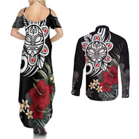 Taino Sun Tribal Couples Matching Summer Maxi Dress and Long Sleeve Button Shirt Tropical Hibiscus - Wonder Print Shop