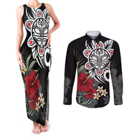 Taino Sun Tribal Couples Matching Tank Maxi Dress and Long Sleeve Button Shirt Tropical Hibiscus - Wonder Print Shop