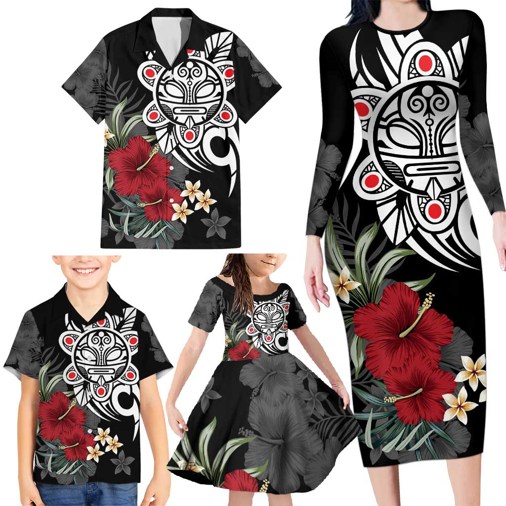 Taino Sun Tribal Family Matching Long Sleeve Bodycon Dress and Hawaiian Shirt Tropical Hibiscus - Wonder Print Shop