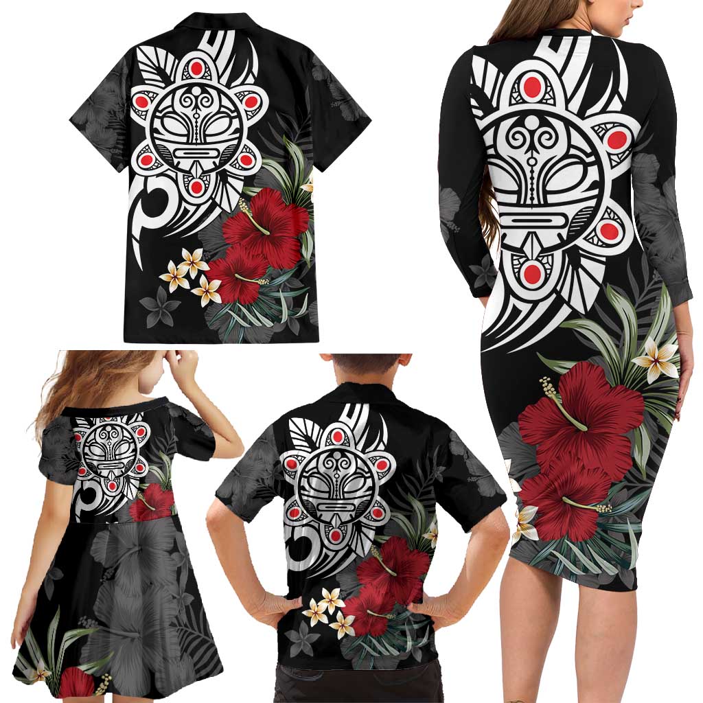 Taino Sun Tribal Family Matching Long Sleeve Bodycon Dress and Hawaiian Shirt Tropical Hibiscus - Wonder Print Shop