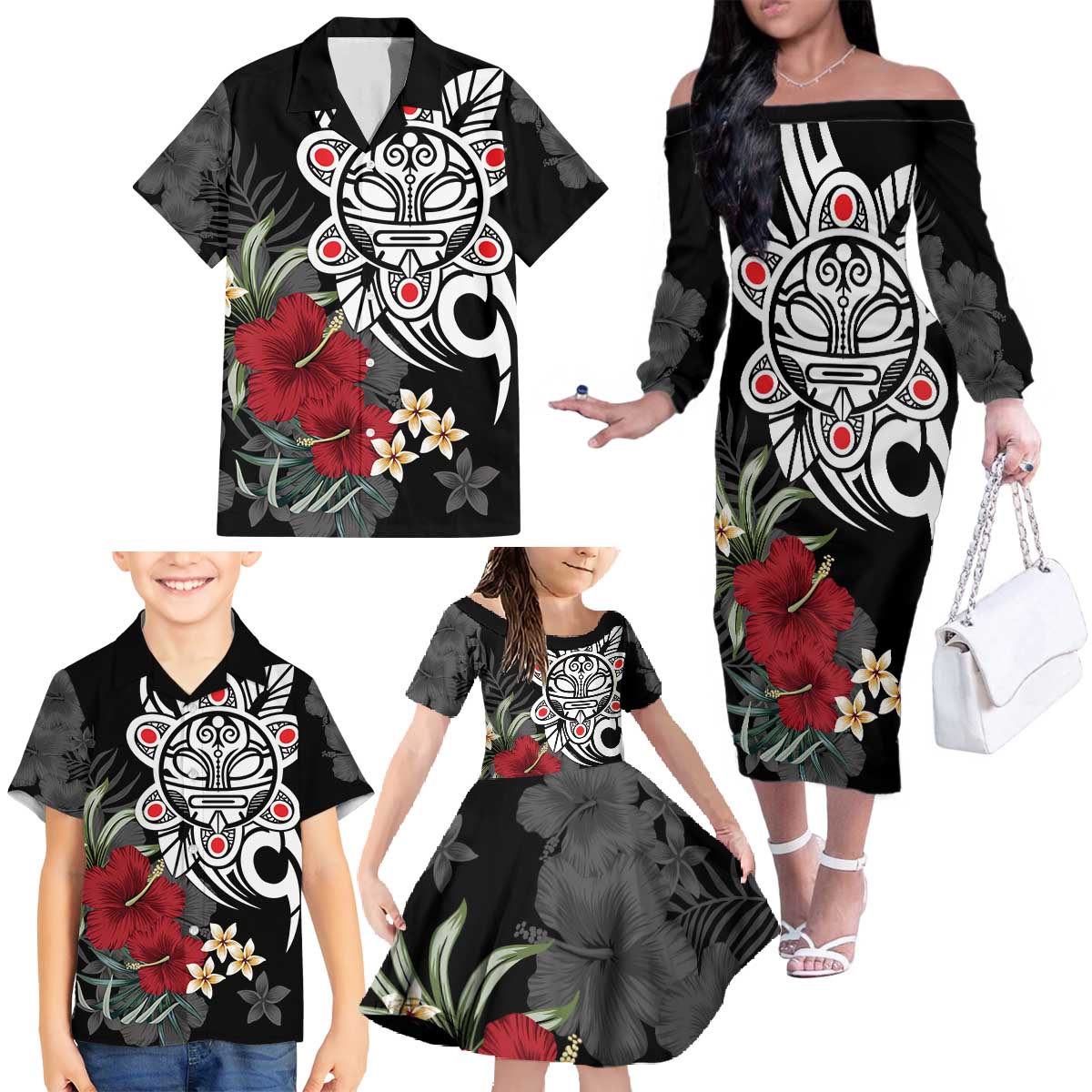 Taino Sun Tribal Family Matching Off The Shoulder Long Sleeve Dress and Hawaiian Shirt Tropical Hibiscus - Wonder Print Shop