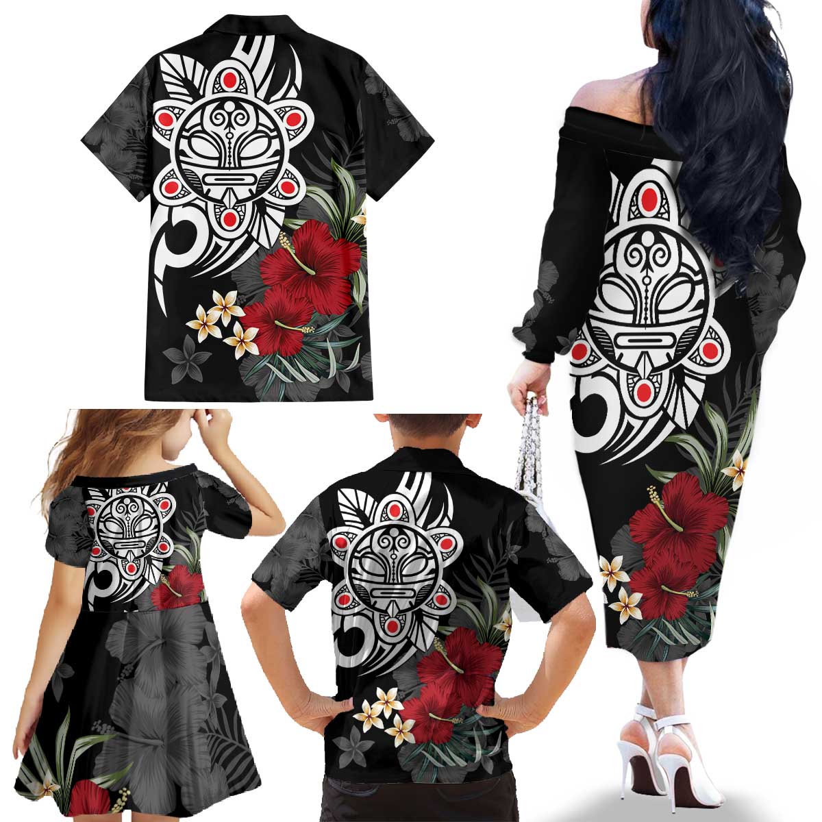 Taino Sun Tribal Family Matching Off The Shoulder Long Sleeve Dress and Hawaiian Shirt Tropical Hibiscus - Wonder Print Shop