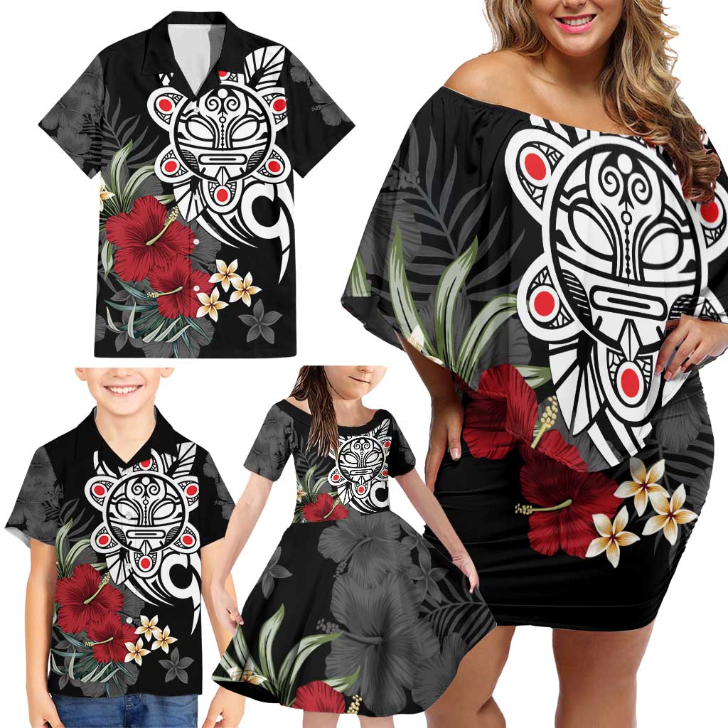 Taino Sun Tribal Family Matching Off Shoulder Short Dress and Hawaiian Shirt Tropical Hibiscus - Wonder Print Shop