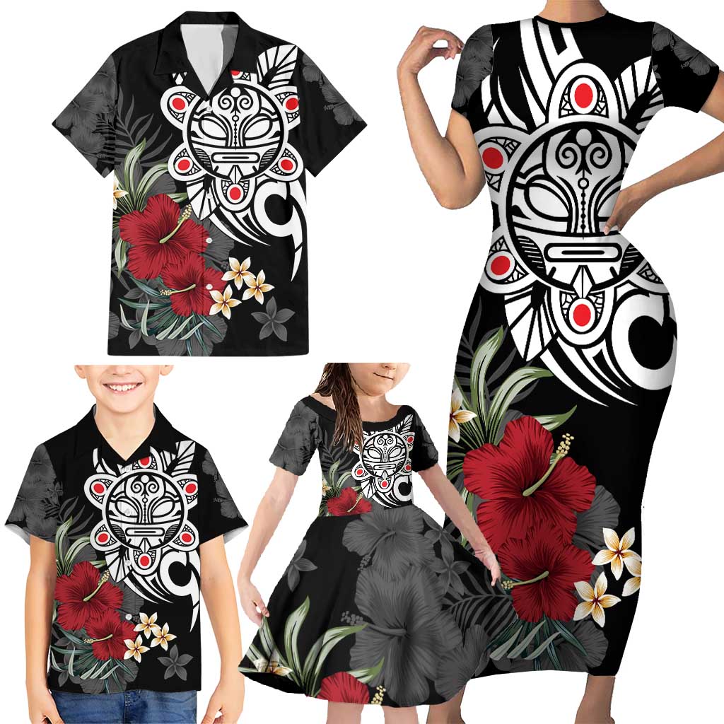 Taino Sun Tribal Family Matching Short Sleeve Bodycon Dress and Hawaiian Shirt Tropical Hibiscus - Wonder Print Shop