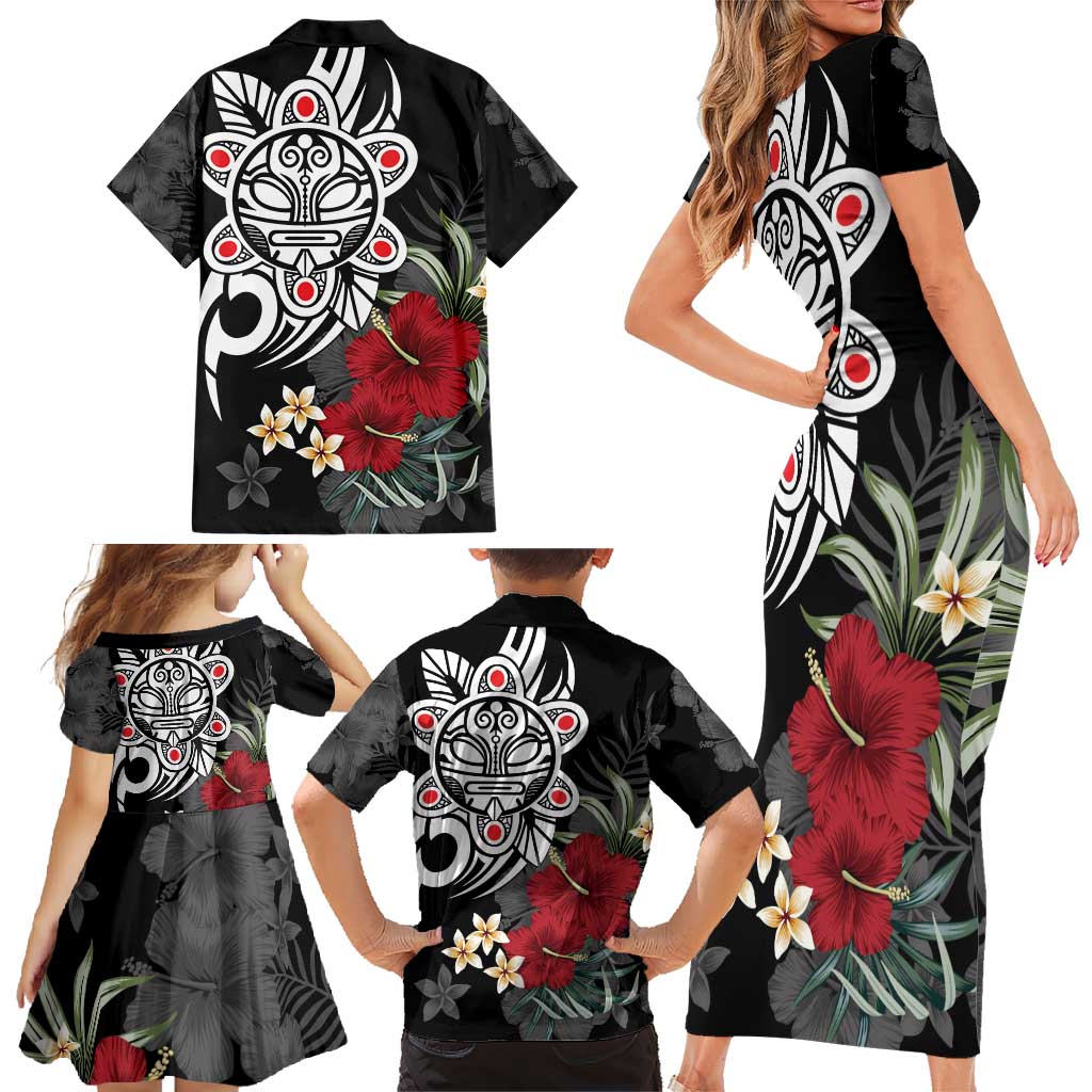 Taino Sun Tribal Family Matching Short Sleeve Bodycon Dress and Hawaiian Shirt Tropical Hibiscus - Wonder Print Shop