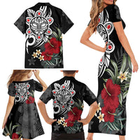 Taino Sun Tribal Family Matching Short Sleeve Bodycon Dress and Hawaiian Shirt Tropical Hibiscus - Wonder Print Shop