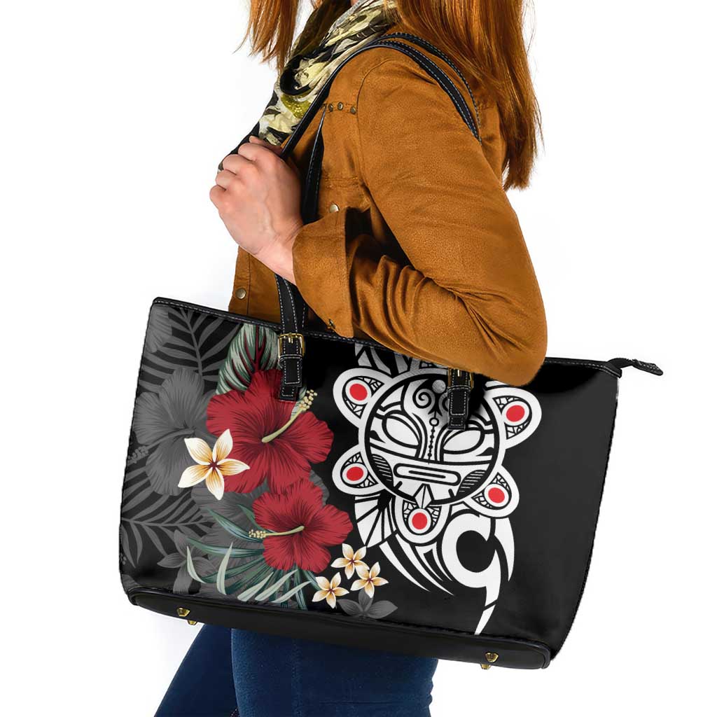 Taino Sun Tribal Leather Tote Bag Tropical Hibiscus - Wonder Print Shop