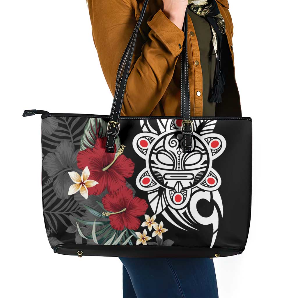 Taino Sun Tribal Leather Tote Bag Tropical Hibiscus - Wonder Print Shop