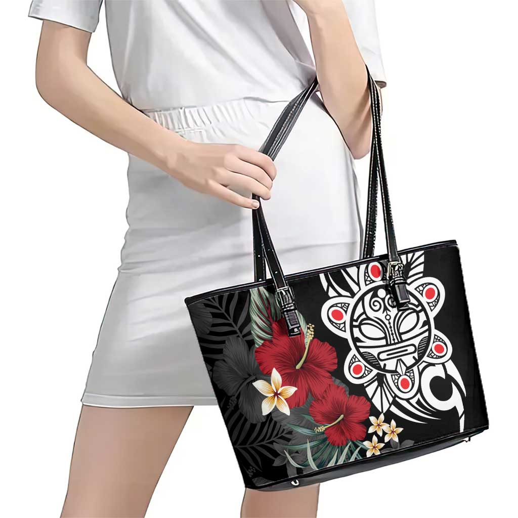 Taino Sun Tribal Leather Tote Bag Tropical Hibiscus - Wonder Print Shop