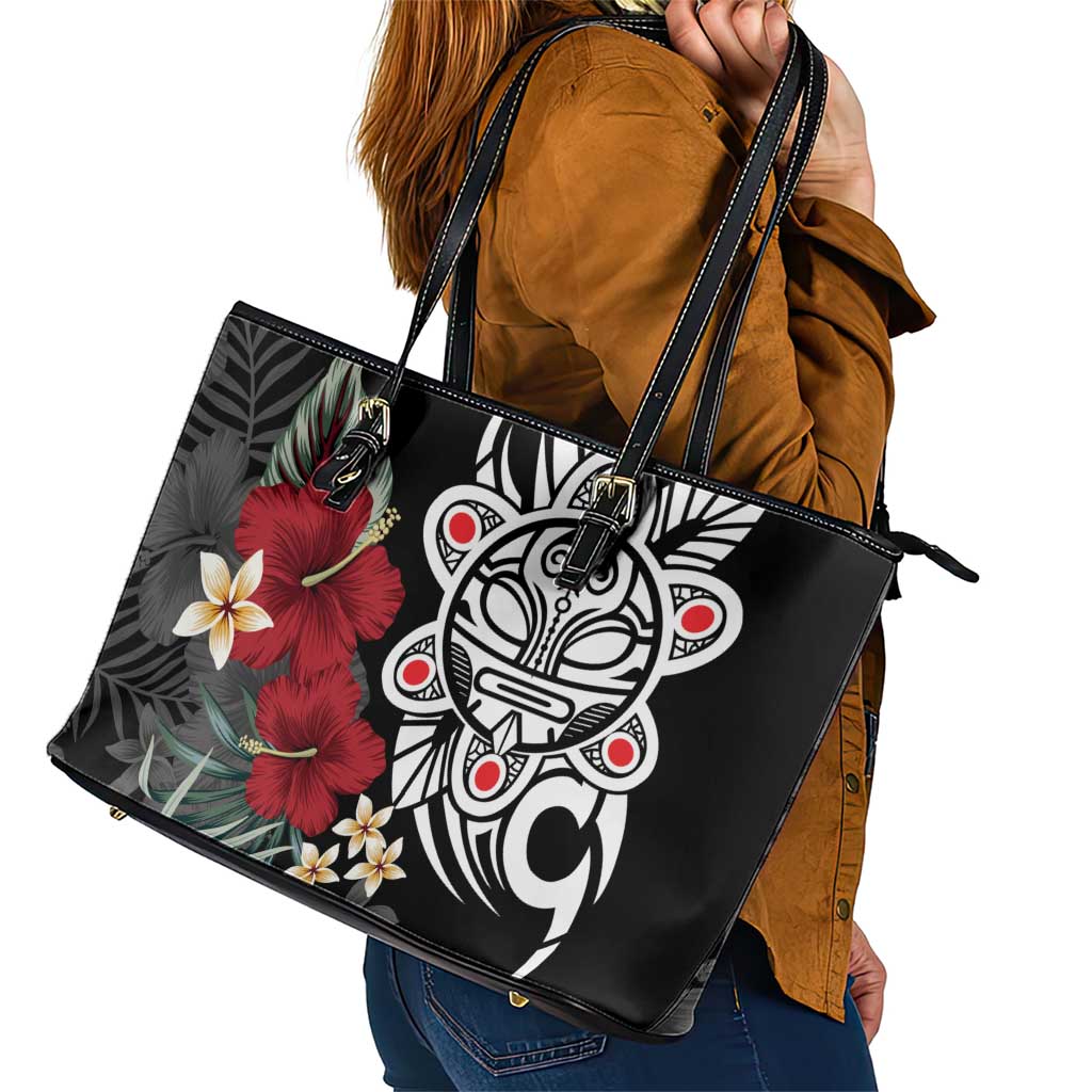 Taino Sun Tribal Leather Tote Bag Tropical Hibiscus - Wonder Print Shop