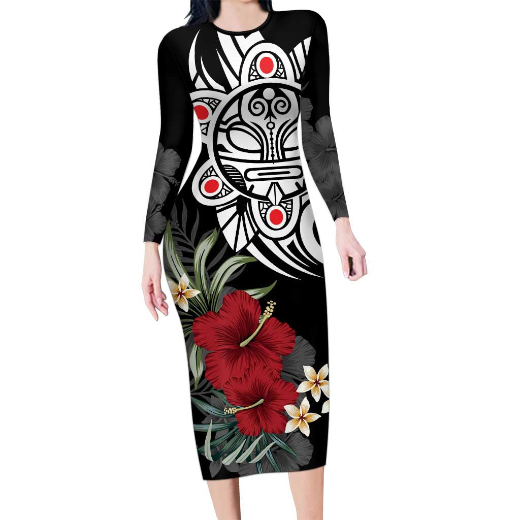 Taino Sun Tribal Long Sleeve Bodycon Dress Tropical Hibiscus - Wonder Print Shop