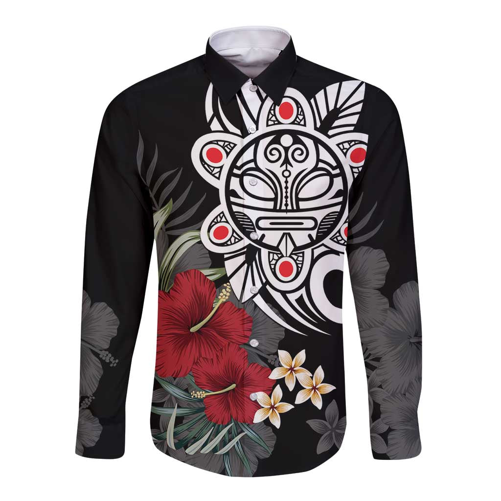 Taino Sun Tribal Long Sleeve Button Shirt Tropical Hibiscus - Wonder Print Shop