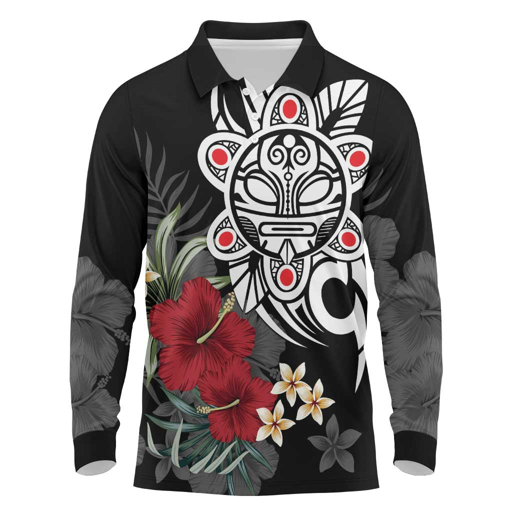 Taino Sun Tribal Long Sleeve Polo Shirt Tropical Hibiscus - Wonder Print Shop