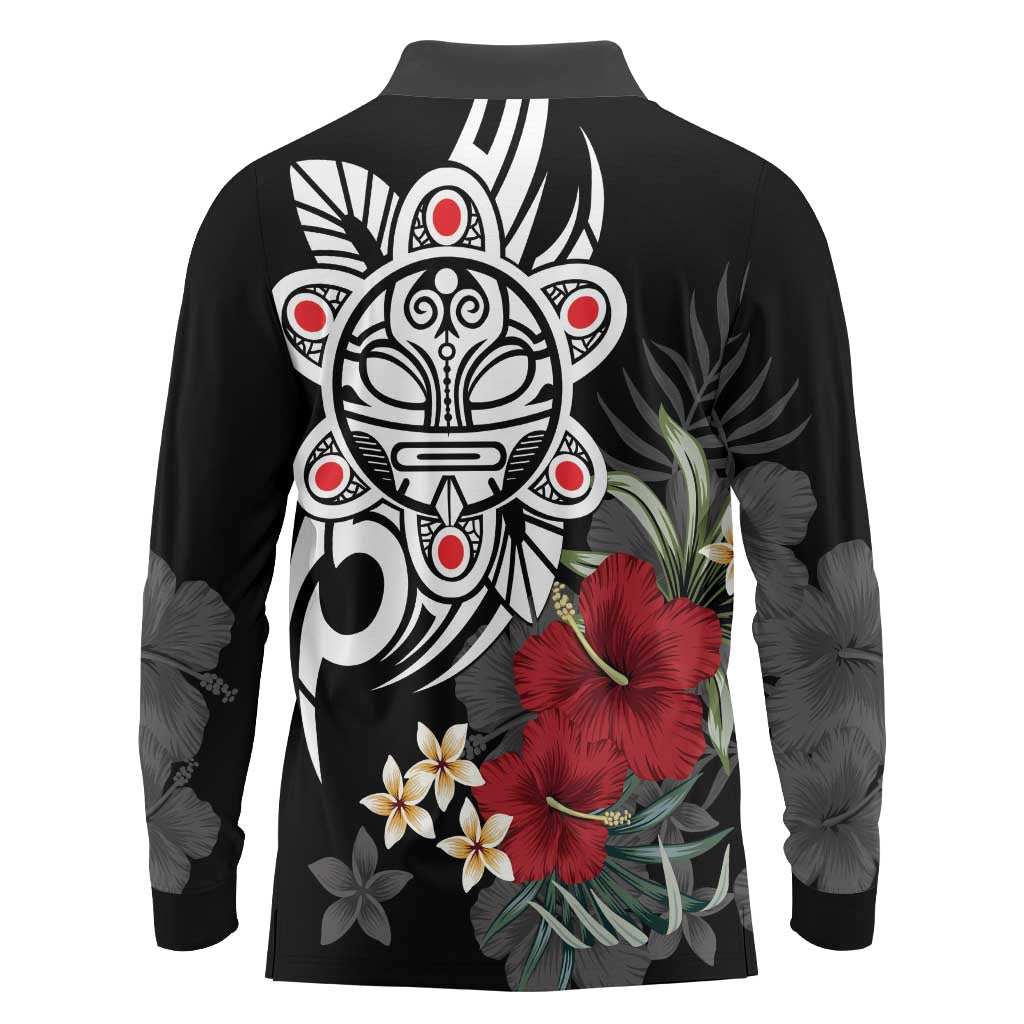 Taino Sun Tribal Long Sleeve Polo Shirt Tropical Hibiscus - Wonder Print Shop