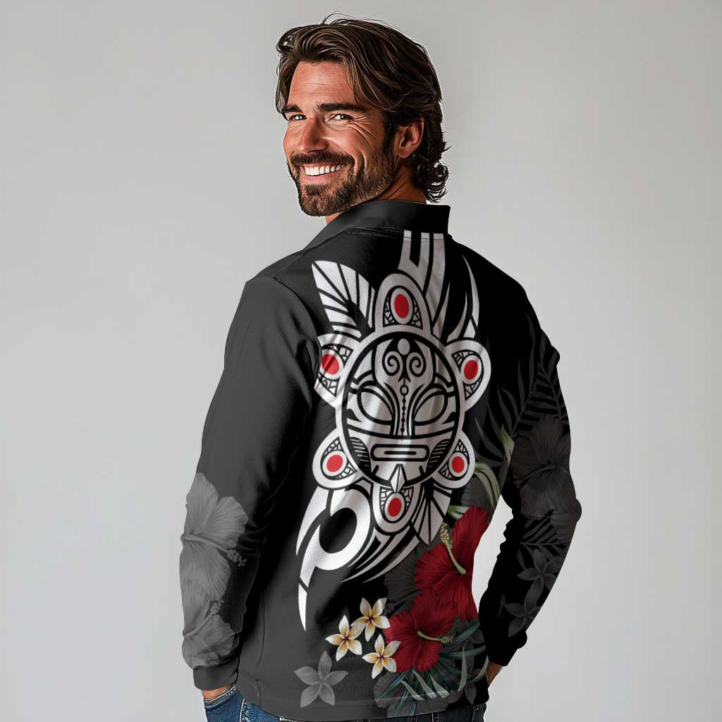 Taino Sun Tribal Long Sleeve Polo Shirt Tropical Hibiscus - Wonder Print Shop