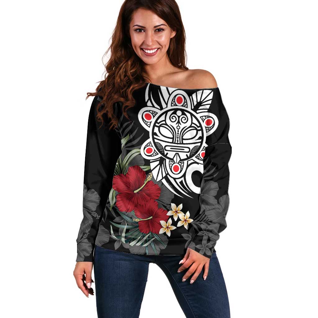 Taino Sun Tribal Off Shoulder Sweater Tropical Hibiscus - Wonder Print Shop