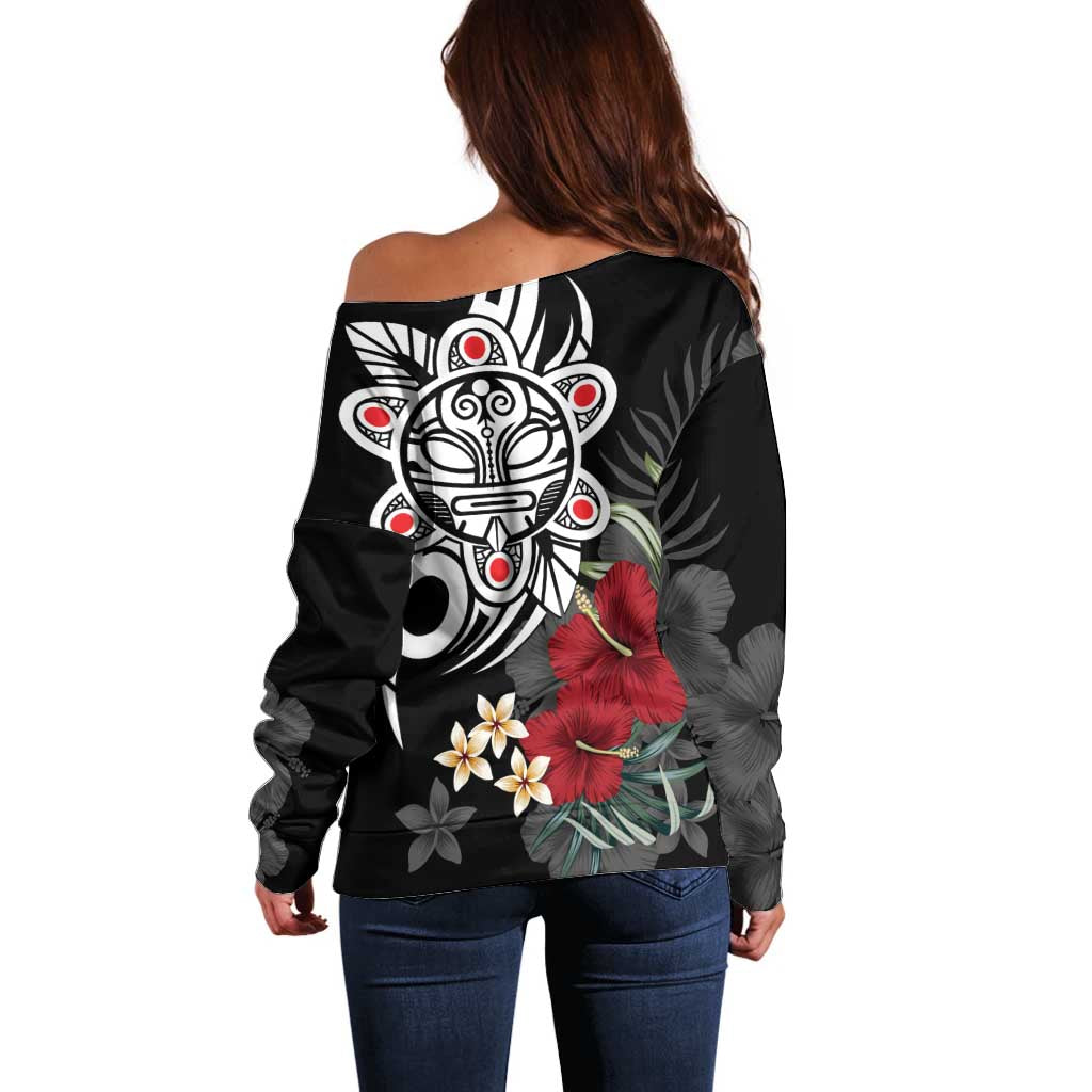 Taino Sun Tribal Off Shoulder Sweater Tropical Hibiscus - Wonder Print Shop