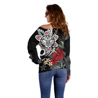 Taino Sun Tribal Off Shoulder Sweater Tropical Hibiscus - Wonder Print Shop
