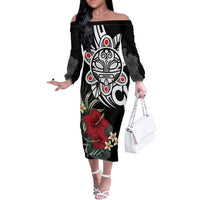 Taino Sun Tribal Off The Shoulder Long Sleeve Dress Tropical Hibiscus - Wonder Print Shop