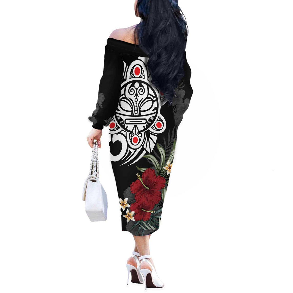 Taino Sun Tribal Off The Shoulder Long Sleeve Dress Tropical Hibiscus - Wonder Print Shop